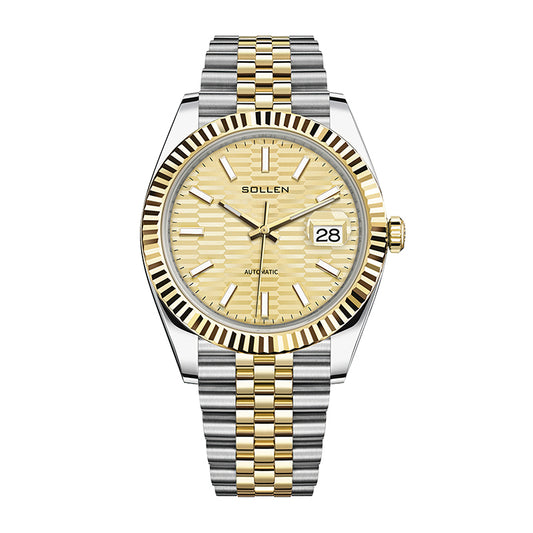 Sollen 9062 Automatic Watch - Men's Classic 36mm Fluted Bezel Cyclops Date 5-Bead Steel Bracelet Wristwatch