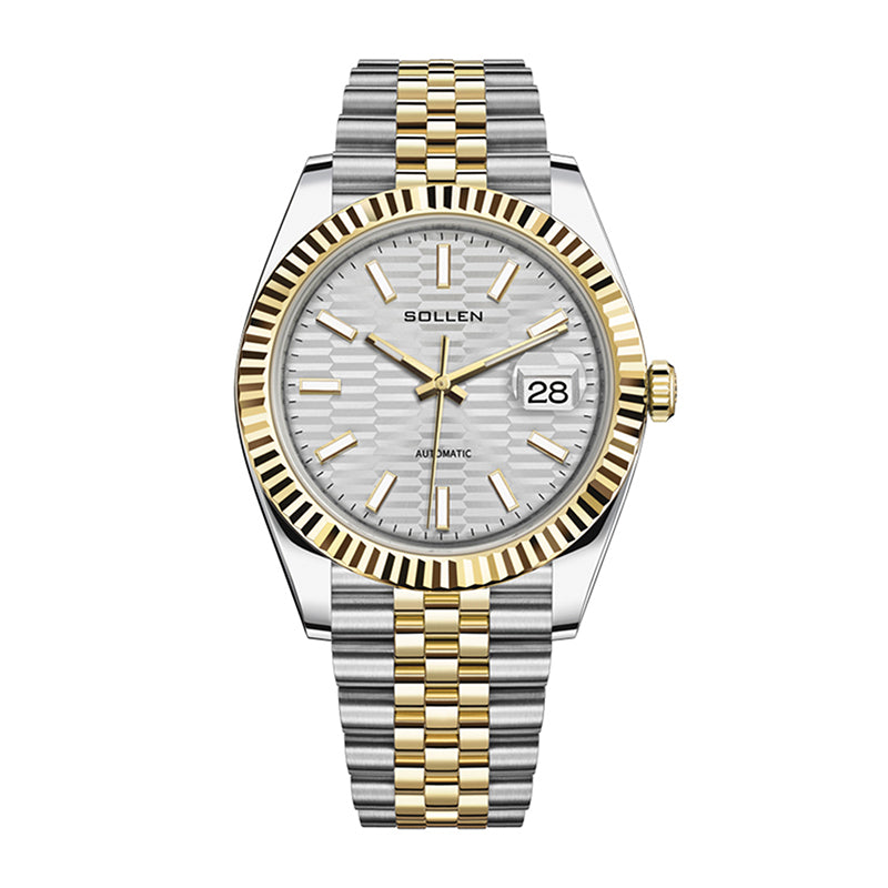 Sollen 9062 Automatic Watch - Men's Classic 36mm Fluted Bezel Cyclops Date 5-Bead Steel Bracelet Wristwatch