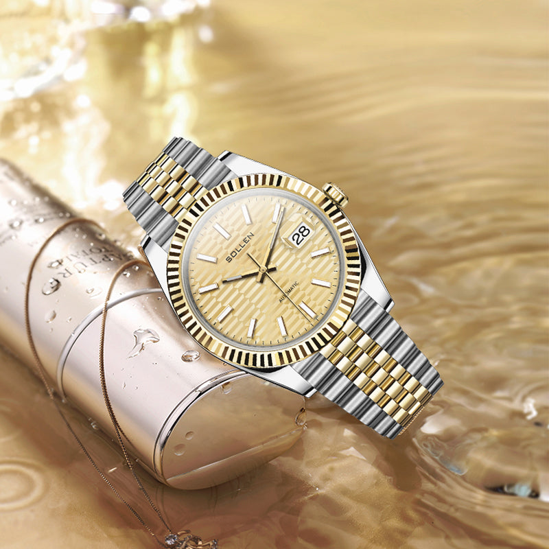 Sollen 9062 Automatic Watch - Men's Classic 36mm Fluted Bezel Cyclops Date 5-Bead Steel Bracelet Wristwatch