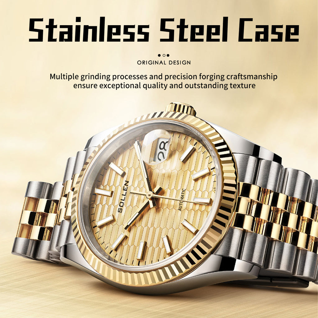 Sollen 9062 Automatic Watch - Men's Classic 36mm Fluted Bezel Cyclops Date 5-Bead Steel Bracelet Wristwatch