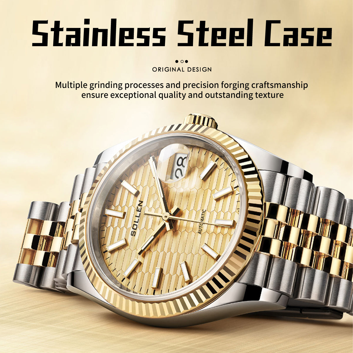 Sollen 9062 Automatic Watch - Men's Classic 36mm Fluted Bezel Cyclops Date 5-Bead Steel Bracelet Wristwatch