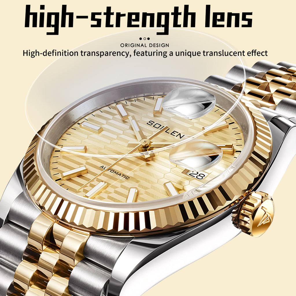 Sollen 9062 Automatic Watch - Men's Classic 36mm Fluted Bezel Cyclops Date 5-Bead Steel Bracelet Wristwatch