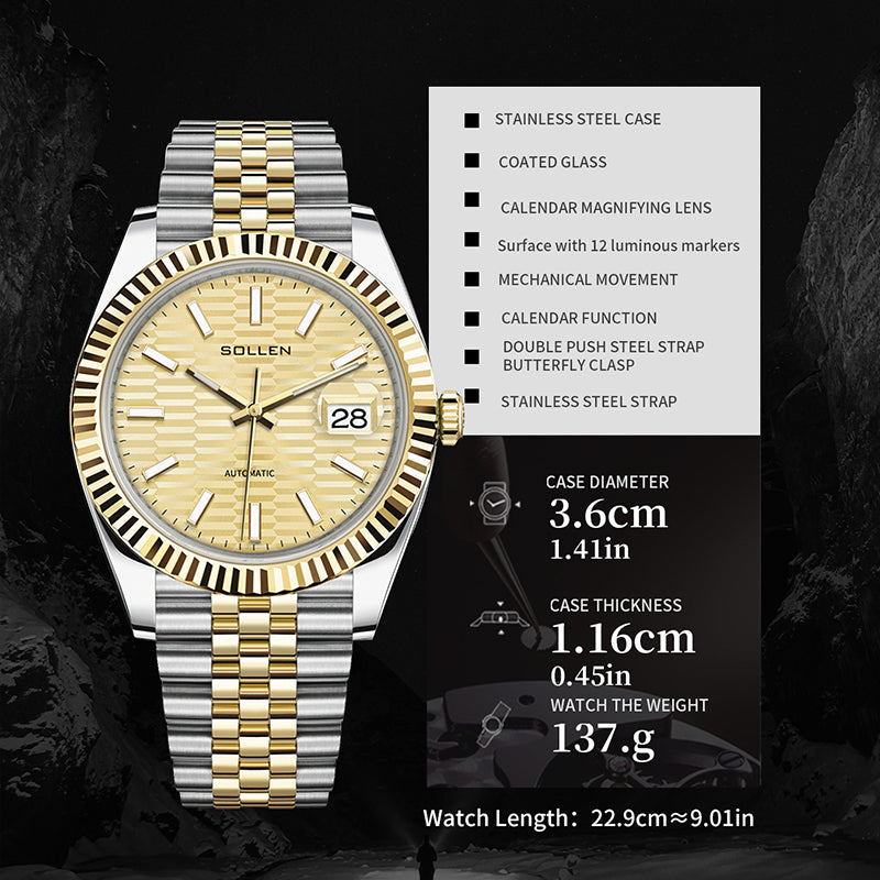 Sollen 9062 Automatic Watch - Men's Classic 36mm Fluted Bezel Cyclops Date 5-Bead Steel Bracelet Wristwatch