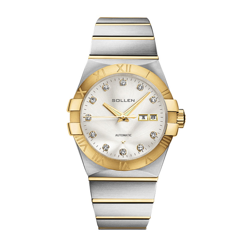 Sollen 9063 Automatic Watch - Men's Dress 12 Crystal Accent Dual Calendar Bamboo Link Steel Bracelet Wristwatch