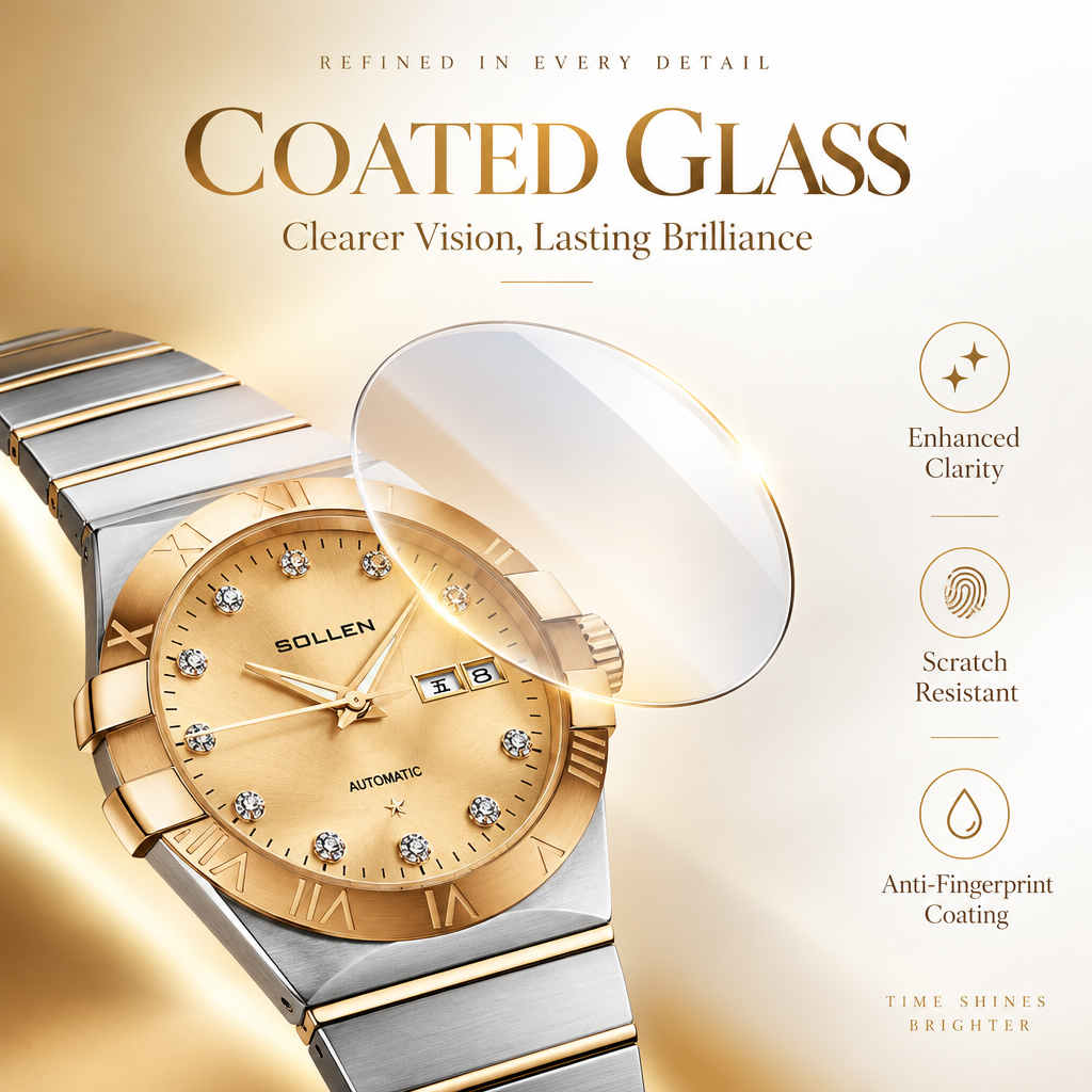 Sollen 9063 Automatic Watch - Men's Dress 12 Crystal Accent Dual Calendar Bamboo Link Steel Bracelet Wristwatch