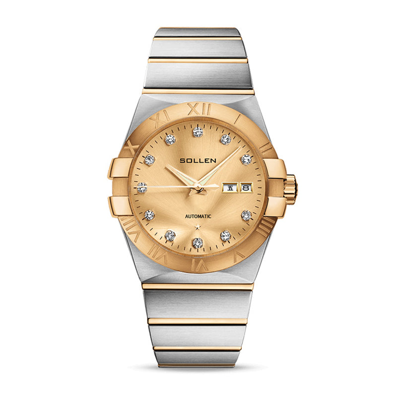 Sollen 9063 Automatic Watch - Men's Dress 12 Crystal Accent Dual Calendar Bamboo Link Steel Bracelet Wristwatch