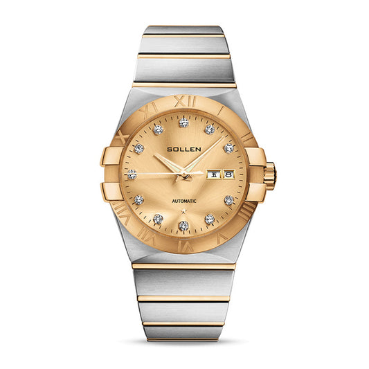 Sollen 9063 Automatic Watch - Men's Dress 12 Crystal Accent Dual Calendar Bamboo Link Steel Bracelet Wristwatch