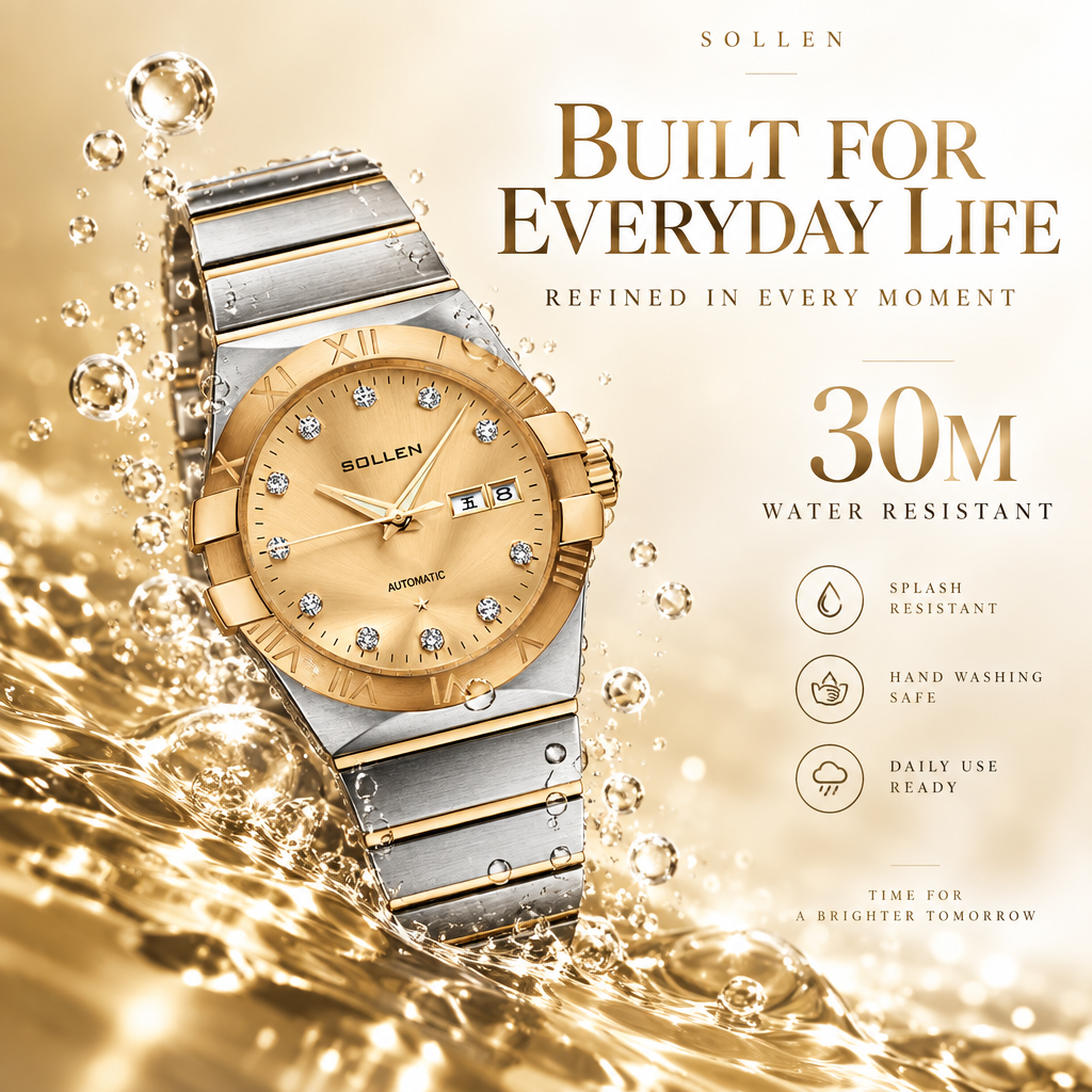 Sollen 9063 Automatic Watch - Men's Dress 12 Crystal Accent Dual Calendar Bamboo Link Steel Bracelet Wristwatch