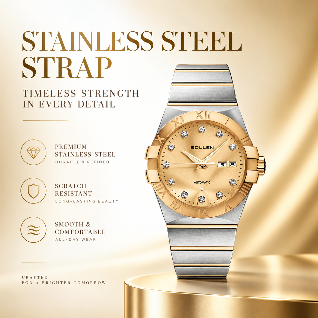 Sollen 9063 Automatic Watch - Men's Dress 12 Crystal Accent Dual Calendar Bamboo Link Steel Bracelet Wristwatch