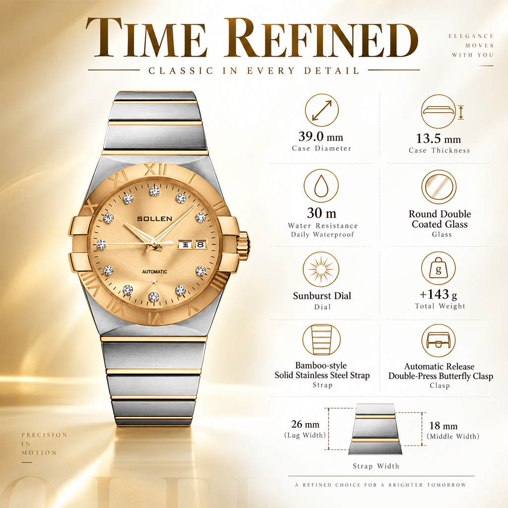 Sollen 9063 Automatic Watch - Men's Dress 12 Crystal Accent Dual Calendar Bamboo Link Steel Bracelet Wristwatch