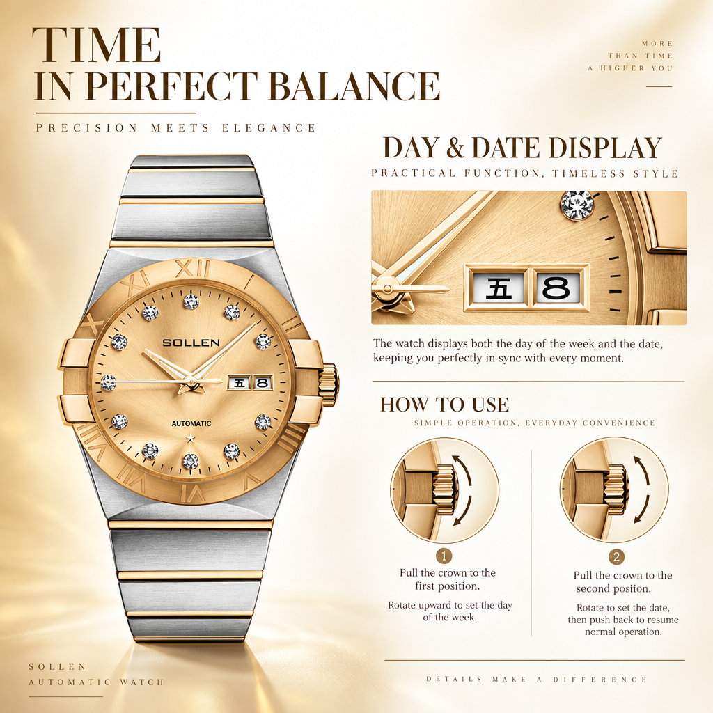 Sollen 9063 Automatic Watch - Men's Dress 12 Crystal Accent Dual Calendar Bamboo Link Steel Bracelet Wristwatch