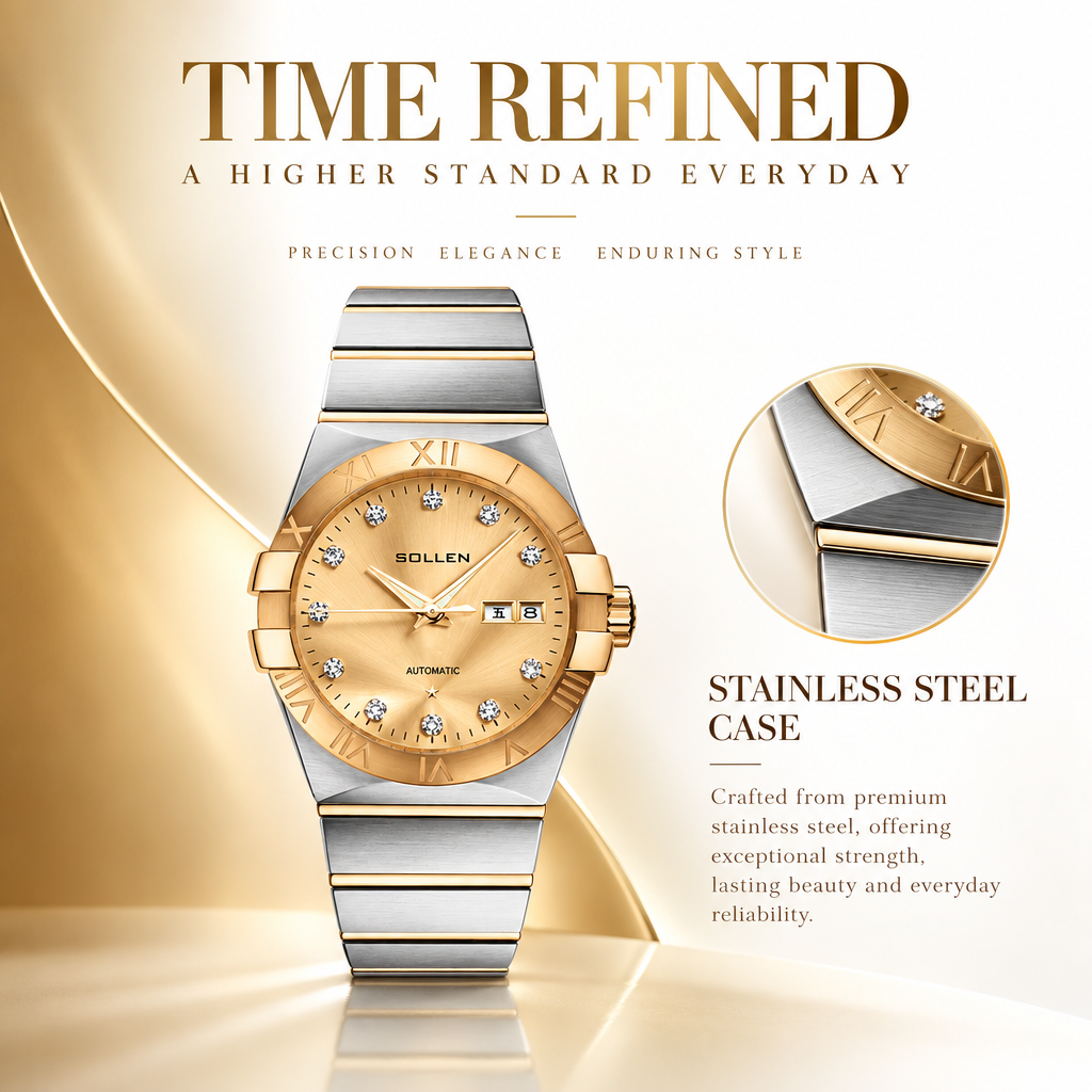 Sollen 9063 Automatic Watch - Men's Dress 12 Crystal Accent Dual Calendar Bamboo Link Steel Bracelet Wristwatch