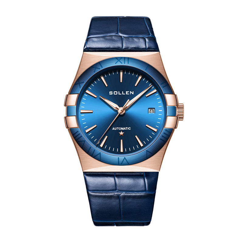 Sollen 9065 Automatic Watch - Men's Dress 12 Bar Marker Date Blue Sunray Dial Genuine Leather Strap Wristwatch