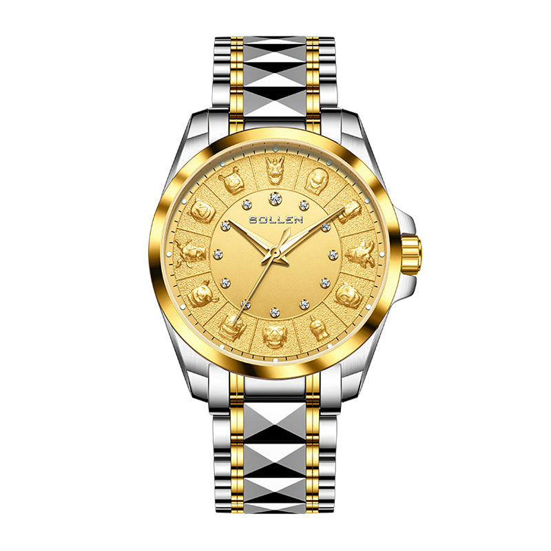 Sollen 9066 Automatic Watch - Men's Dress 12 Diamond Zodiac Relief Gold Foil Dial 7-Bead Steel Bracelet Wristwatch