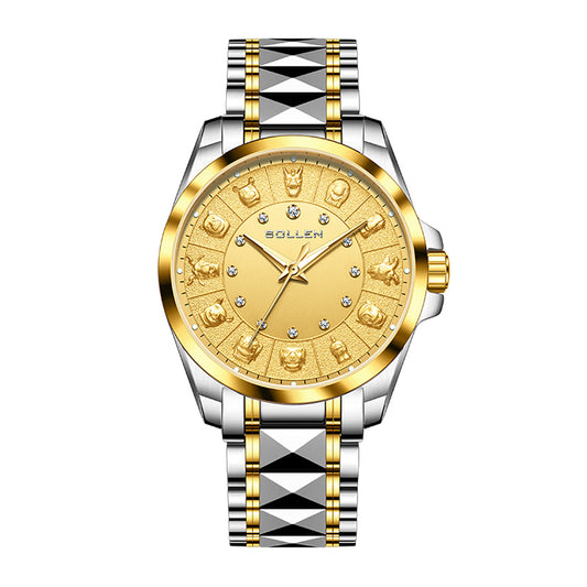 Sollen 9066 Automatic Watch - Men's Dress 12 Diamond Zodiac Relief Gold Foil Dial 7-Bead Steel Bracelet Wristwatch