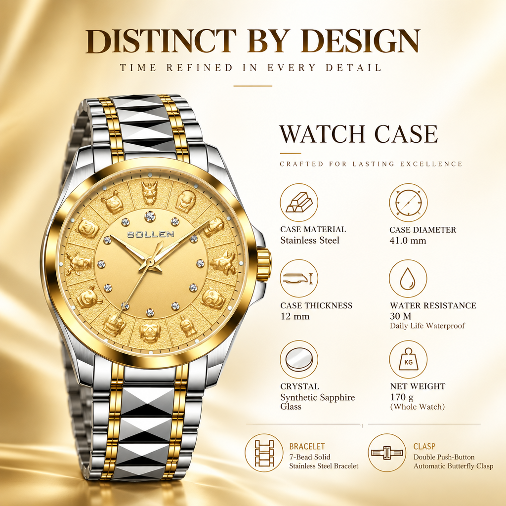 Sollen 9066 Automatic Watch - Men's Dress 12 Diamond Zodiac Relief Gold Foil Dial 7-Bead Steel Bracelet Wristwatch