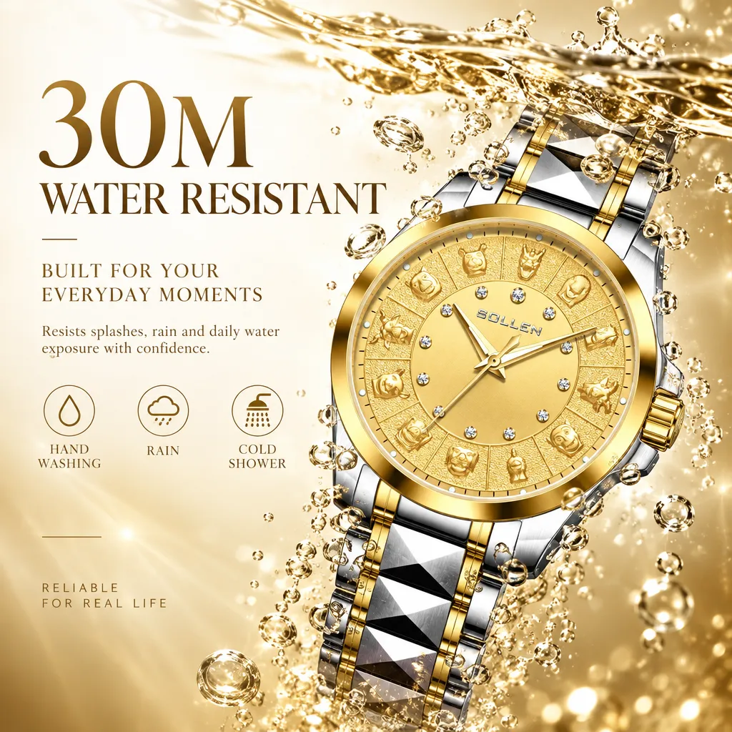 Sollen 9066 Automatic Watch - Men's Dress 12 Diamond Zodiac Relief Gold Foil Dial 7-Bead Steel Bracelet Wristwatch
