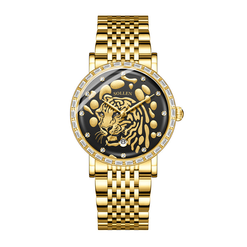 Sollen 9078 Ultra-Thin Automatic Watch - Men's Dress Citizen 9015 Tiger Relief 30 Baguette Bezel 9-Bead Steel Bracelet Wristwatch