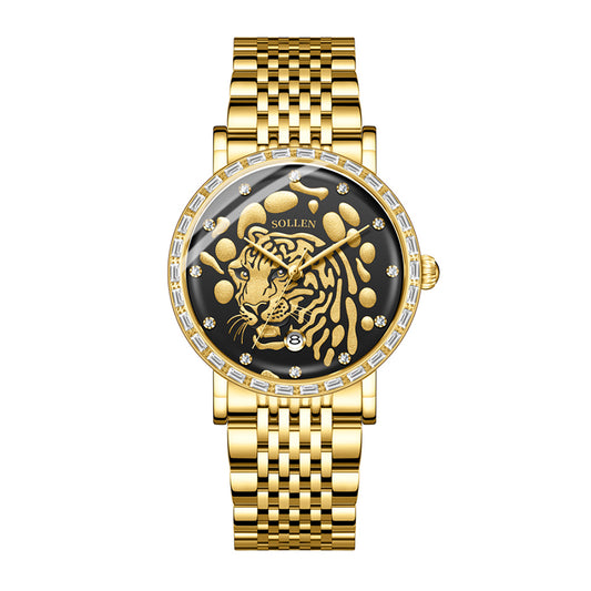 Sollen 9078 Ultra-Thin Automatic Watch - Men's Dress Citizen 9015 Tiger Relief 30 Baguette Bezel 9-Bead Steel Bracelet Wristwatch