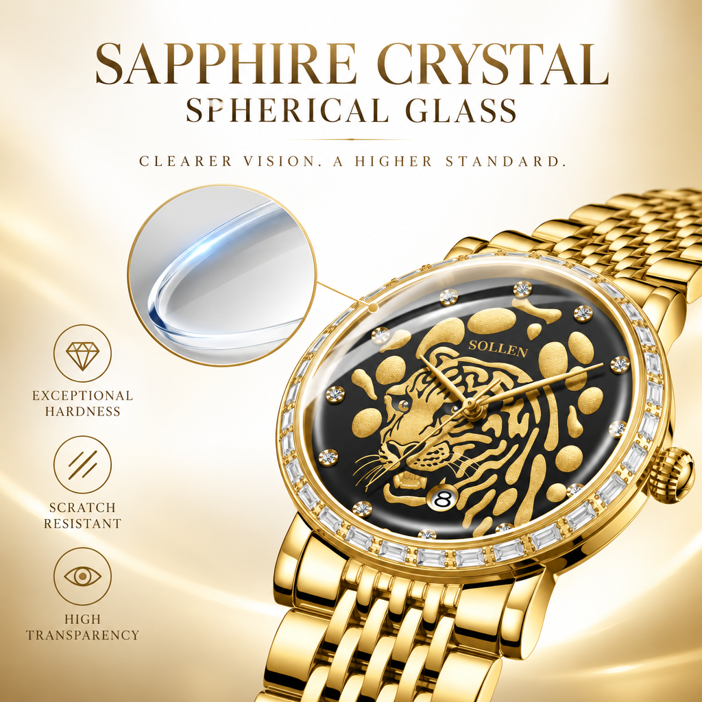 Sollen 9078 Ultra-Thin Automatic Watch - Men's Dress Citizen 9015 Tiger Relief 30 Baguette Bezel 9-Bead Steel Bracelet Wristwatch