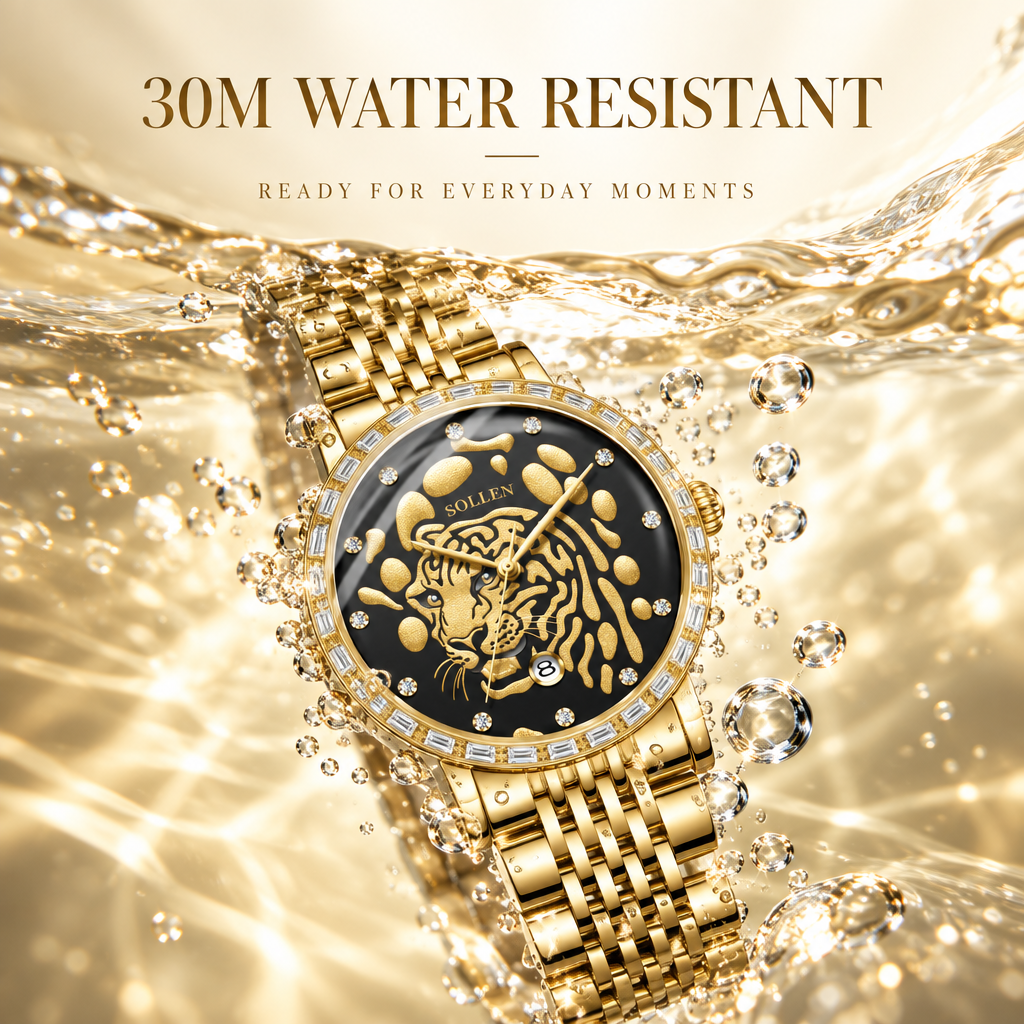 Sollen 9078 Ultra-Thin Automatic Watch - Men's Dress Citizen 9015 Tiger Relief 30 Baguette Bezel 9-Bead Steel Bracelet Wristwatch