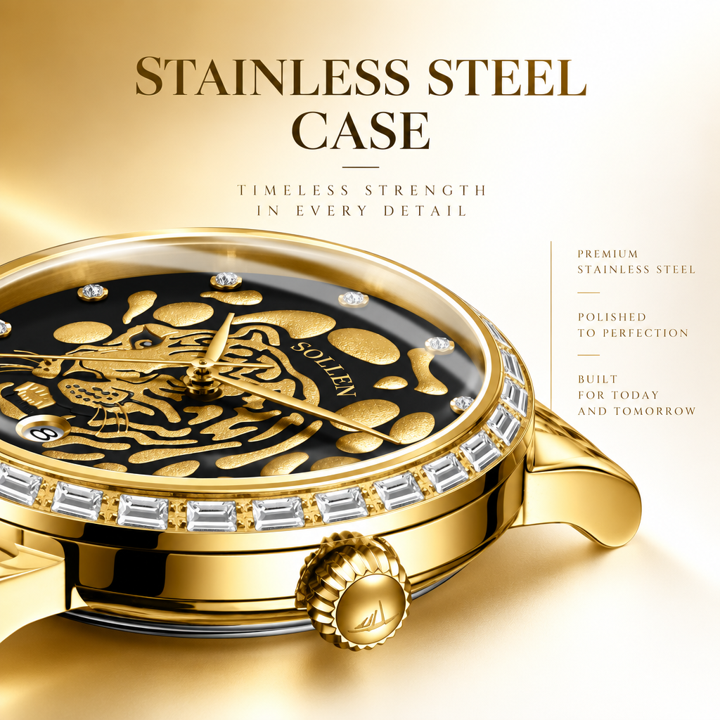 Sollen 9078 Ultra-Thin Automatic Watch - Men's Dress Citizen 9015 Tiger Relief 30 Baguette Bezel 9-Bead Steel Bracelet Wristwatch
