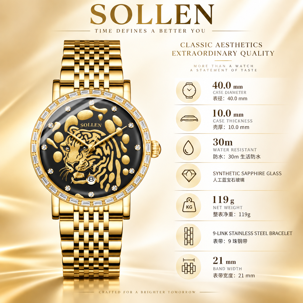 Sollen 9078 Ultra-Thin Automatic Watch - Men's Dress Citizen 9015 Tiger Relief 30 Baguette Bezel 9-Bead Steel Bracelet Wristwatch