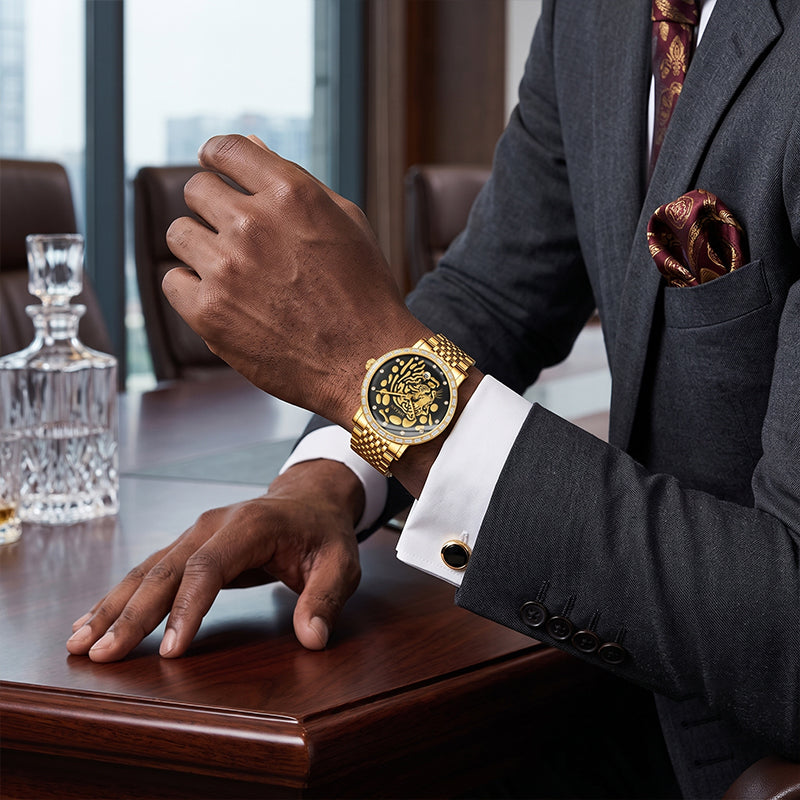 Sollen 9078 Ultra-Thin Automatic Watch - Men's Dress Citizen 9015 Tiger Relief 30 Baguette Bezel 9-Bead Steel Bracelet Wristwatch