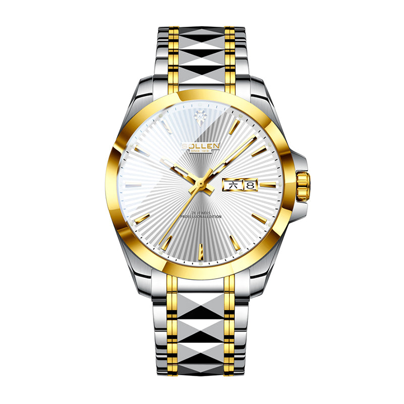 Sollen 9083 Automatic Watch - Men's Dress Citizen 8205 Sunburst Dial Day Date 7-Bead Steel Bracelet Wristwatch