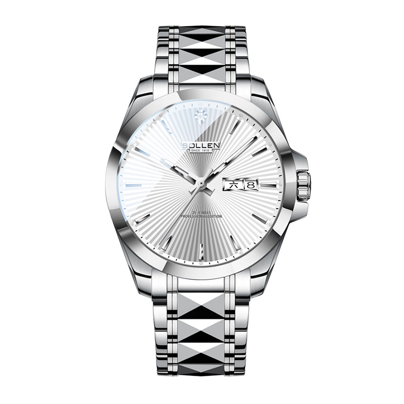 Sollen 9083 Automatic Watch - Men's Dress Citizen 8205 Sunburst Dial Day Date 7-Bead Steel Bracelet Wristwatch