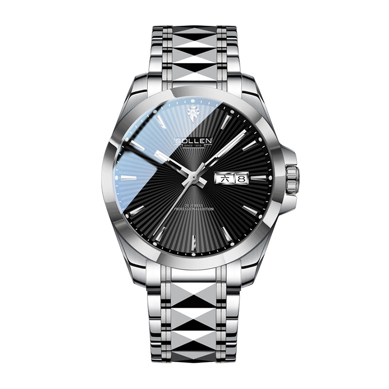 Sollen 9083 Automatic Watch - Men's Dress Citizen 8205 Sunburst Dial Day Date 7-Bead Steel Bracelet Wristwatch