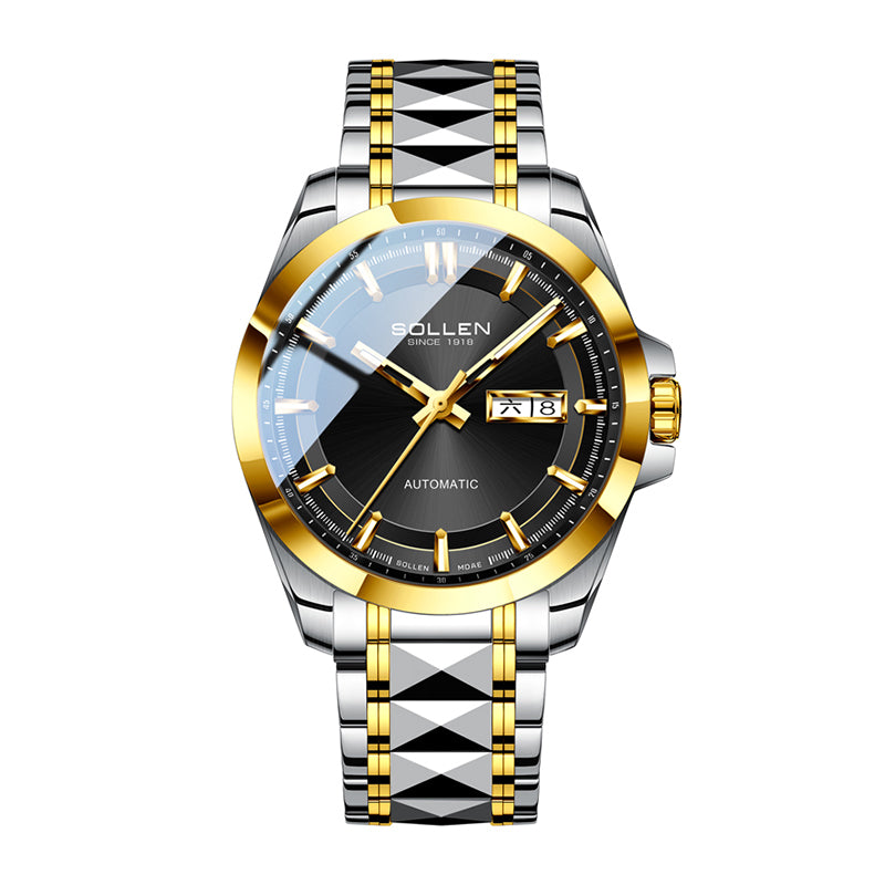Sollen 9085 Automatic Watch - Men's Dress Citizen 8205 Sunray Dial Day Date 13 Luminous Marker 7-Bead Steel Bracelet Wristwatch