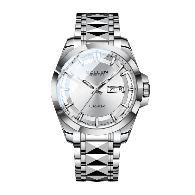 Sollen 9085 Automatic Watch - Men's Dress Citizen 8205 Sunray Dial Day Date 13 Luminous Marker 7-Bead Steel Bracelet Wristwatch