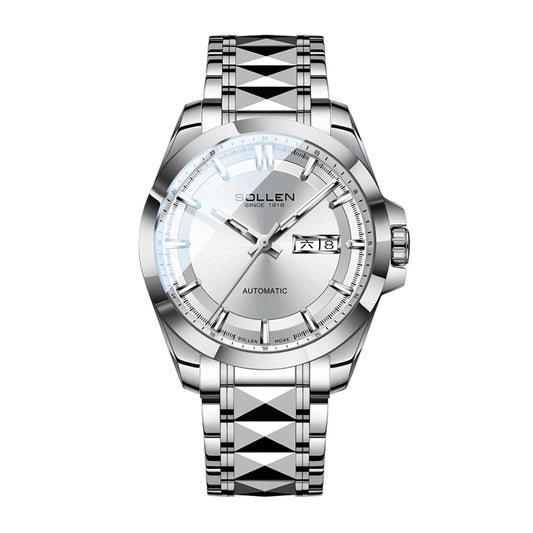 Sollen 9085 Automatic Watch - Men's Dress Citizen 8205 Sunray Dial Day Date 13 Luminous Marker 7-Bead Steel Bracelet Wristwatch
