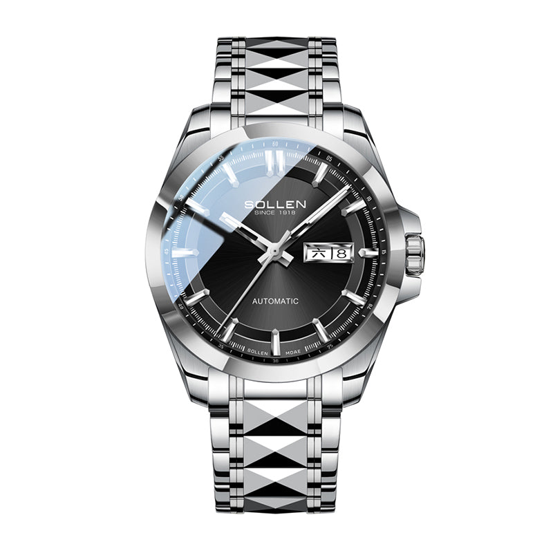 Sollen 9085 Automatic Watch - Men's Dress Citizen 8205 Sunray Dial Day Date 13 Luminous Marker 7-Bead Steel Bracelet Wristwatch