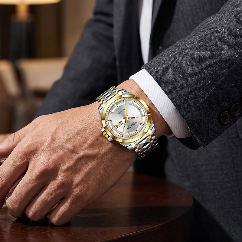 Sollen 9085 Automatic Watch - Men's Dress Citizen 8205 Sunray Dial Day Date 13 Luminous Marker 7-Bead Steel Bracelet Wristwatch