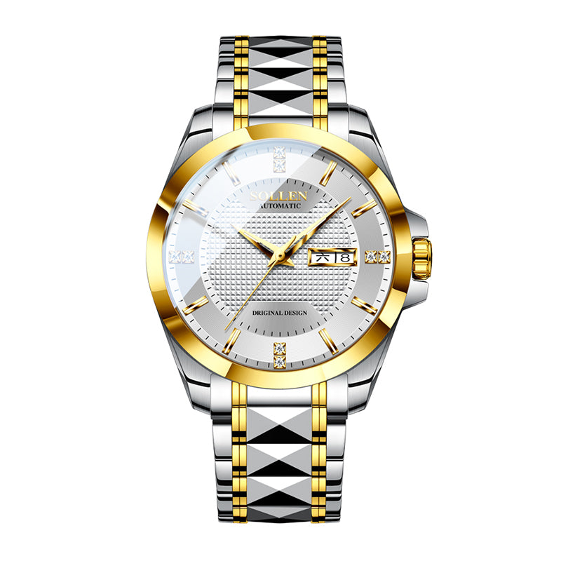 Sollen 9087 Automatic Watch - Men's Dress Citizen 8205 Grid Dial Day Date Crystal Luminous Marker 7-Bead Steel Bracelet Wristwatch