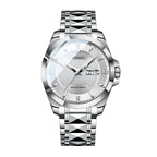 Sollen 9087 Automatic Watch - Men's Dress Citizen 8205 Grid Dial Day Date Crystal Luminous Marker 7-Bead Steel Bracelet Wristwatch