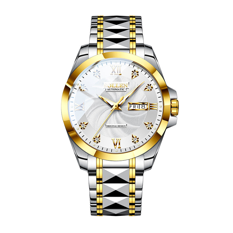 Sollen 9089 Automatic Watch - Men's Dress Citizen 8205 Wavy Dial Day Date Roman Crystal Marker 7-Bead Steel Bracelet Wristwatch