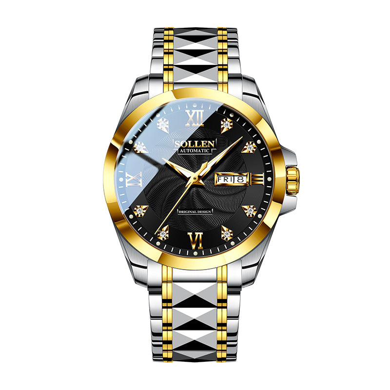 Sollen 9089 Automatic Watch - Men's Dress Citizen 8205 Wavy Dial Day Date Roman Crystal Marker 7-Bead Steel Bracelet Wristwatch