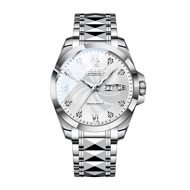 Sollen 9089 Automatic Watch - Men's Dress Citizen 8205 Wavy Dial Day Date Roman Crystal Marker 7-Bead Steel Bracelet Wristwatch