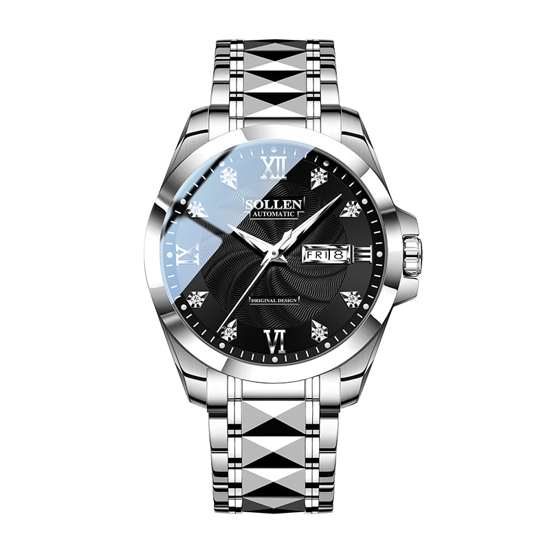 Sollen 9089 Automatic Watch - Men's Dress Citizen 8205 Wavy Dial Day Date Roman Crystal Marker 7-Bead Steel Bracelet Wristwatch