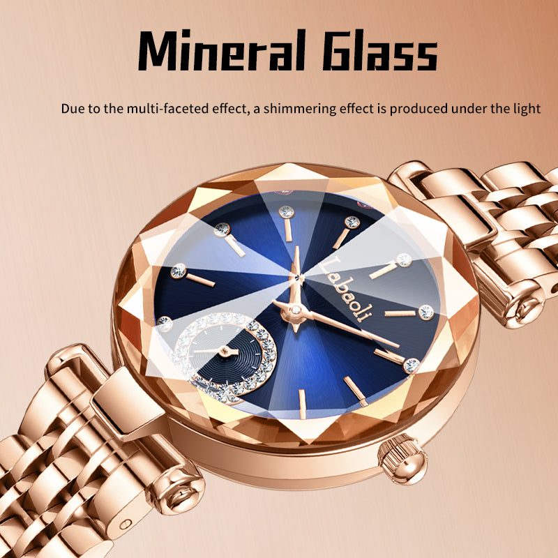 Labaoli LA729 Quartz Watch - Live Edition Women's Luxury Diamond-Cut Glass Crystal Faceted Dial Luminous Hands Crystal 6H Small Seconds Rose Gold Steel Link Bracelet Wristwatch