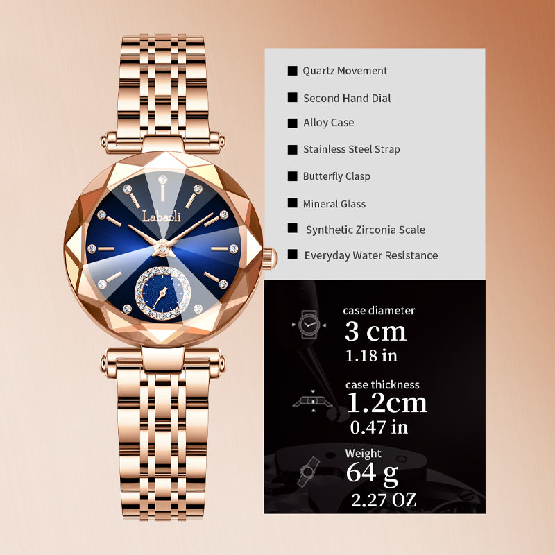 Labaoli LA729 Quartz Watch - Live Edition Women's Luxury Diamond-Cut Glass Crystal Faceted Dial Luminous Hands Crystal 6H Small Seconds Rose Gold Steel Link Bracelet Wristwatch