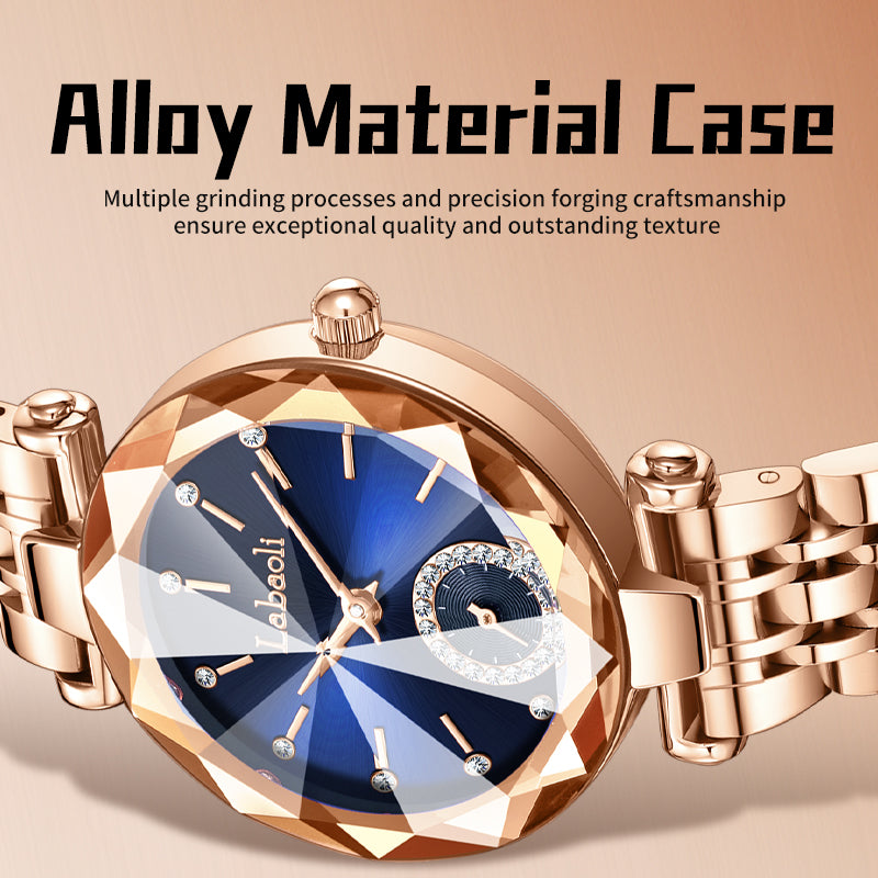 Labaoli LA729 Quartz Watch - Live Edition Women's Luxury Diamond-Cut Glass Crystal Faceted Dial Luminous Hands Crystal 6H Small Seconds Rose Gold Steel Link Bracelet Wristwatch