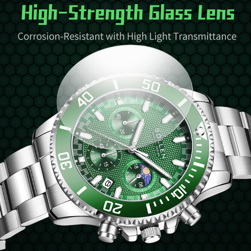 Sollen SL721 Chronograph Watch - Men's Multi-Function Moonphase Stainless Steel 3-Bead Bracelet Wristwatch