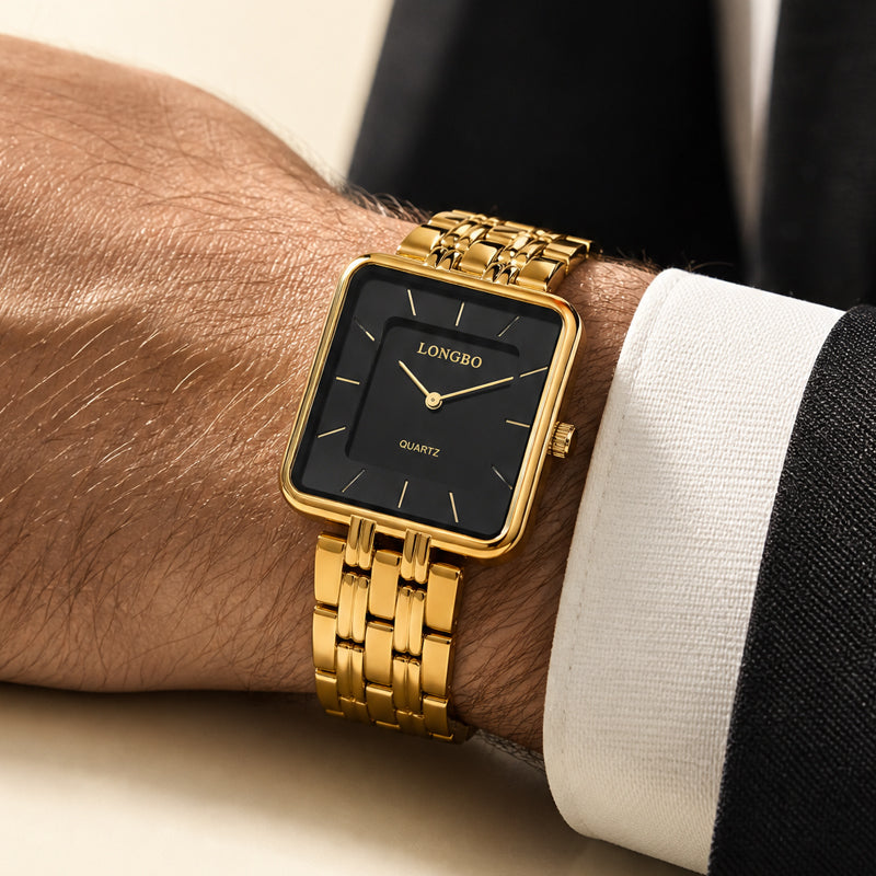 LONGBO LB83810 Quartz Watch - Live Edition Men's & Women‘s Minimalist 38mm Square Case 2-Hand Dress Timepiece Full IPB Gold Finish Multi-Bead Steel Link Bracelet Wristwatch