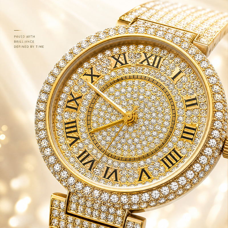 MISSFOX V377L Live Edition Men's Fully Iced Out Quartz Watch - 44mm Case Roman Numerals Pave Diamond Dial Coated Glass Metal Band Wristwatch