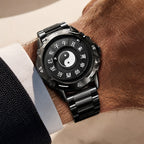 LONGBO LB83899 Quartz Watch - Live Edition Men's Tech 44mm Black Case No-Glass Magnetic Rolling Ball Pointerless Chinese Tai Chi Twelve Earthly Branches Theme Steel Link Bracelet Wristwatch