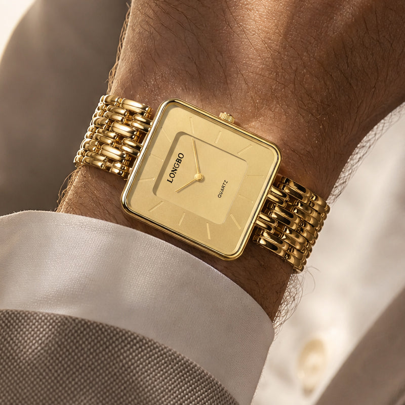 LONGBO LB83810 Quartz Watch - Live Edition Men's & Women‘s Minimalist 38mm Square Case 2-Hand Dress Timepiece Full IPB Gold Finish Multi-Bead Steel Link Bracelet Wristwatch